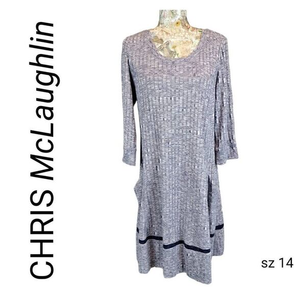 Chris McLaughlin Gray 3/4 Sleeve Ribbed Knit Fit & Flare Dress with Pockets - Picture 2 of 10